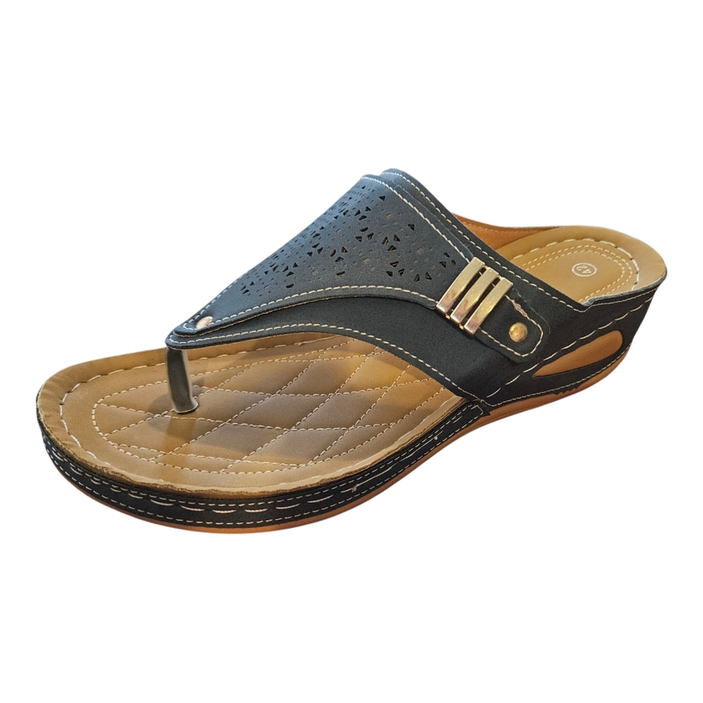Woman's Size 42 Thong Sandal Wedge Embossed Faux Blue Leather, Comfy, Walking